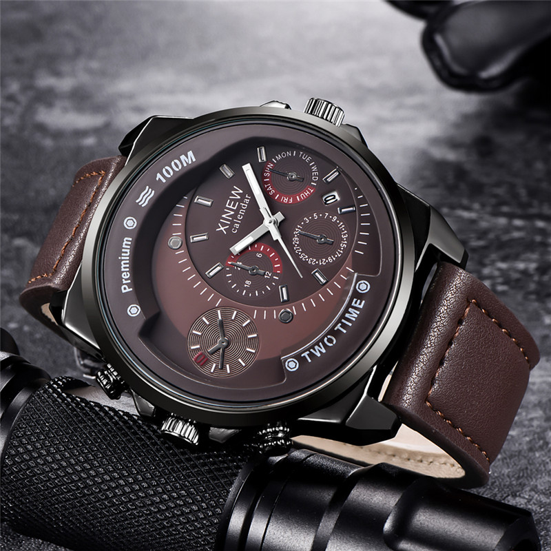 Leather Watch Band Men - オリジナル XINEW ブランドメンズ腕時計黒ボーイズファッションレザーバンド日付ギフトクォーツ時計レロジオ Masculino レロホムブレ Montre